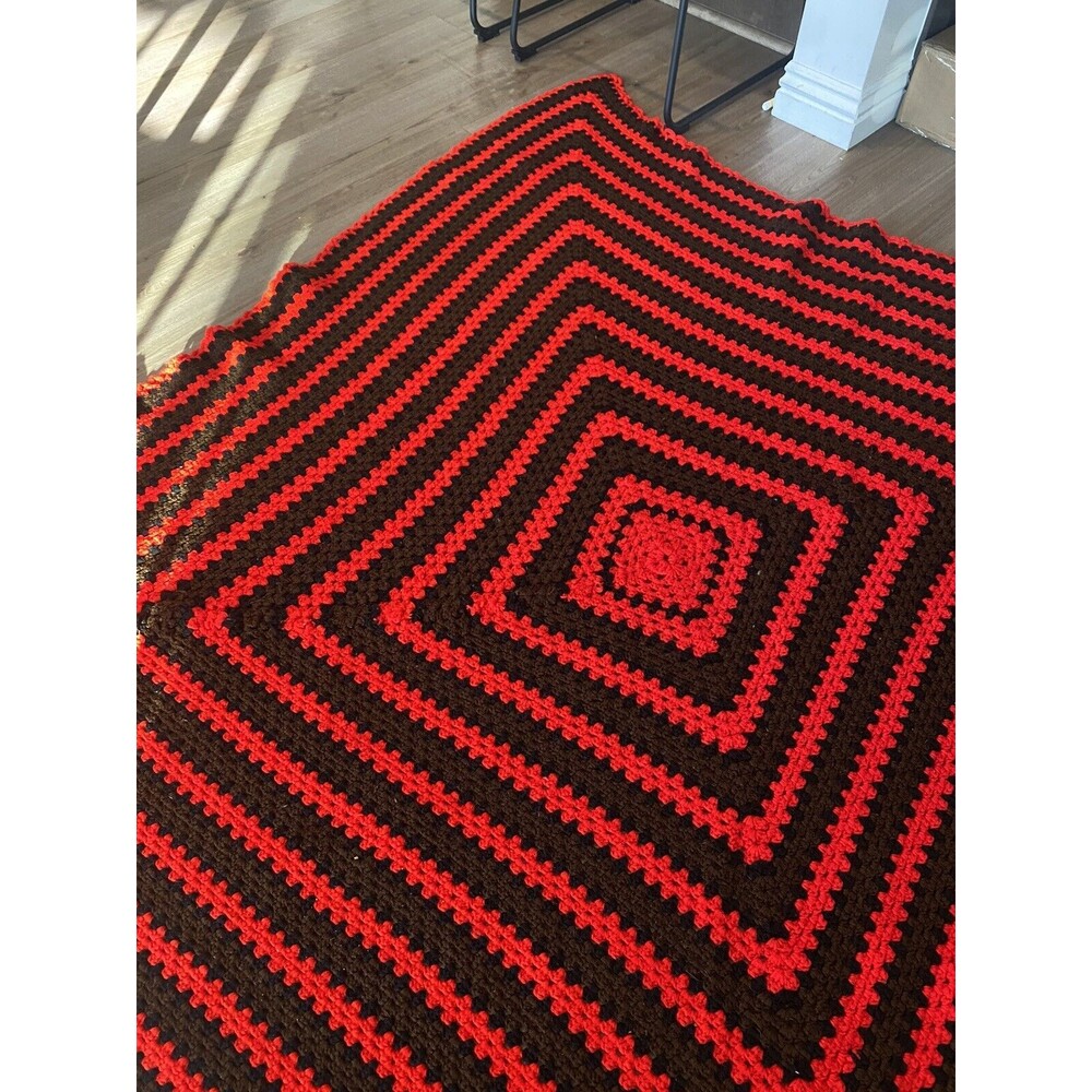 Handmade Red/Brown/Black Crochet Throw Afghan Cottagecore Blanket Sz 80x80